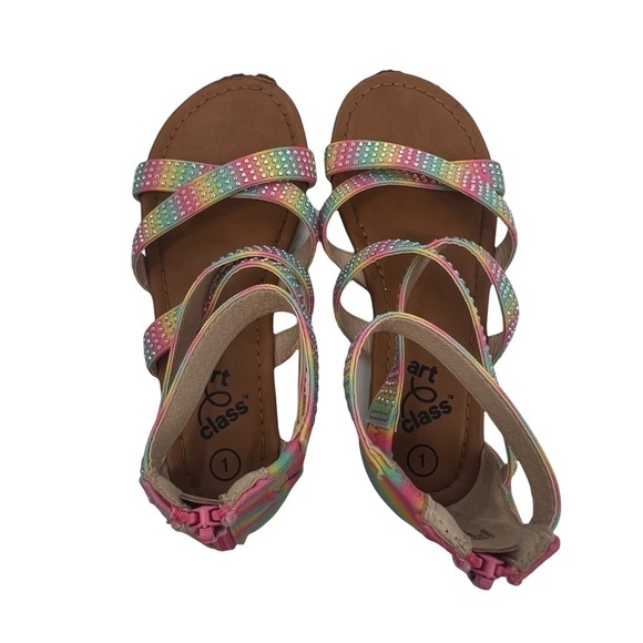 Art Class Pink Purple Yellow Ombre Gladiator Rhinestone Sandals Size 1 Girl’s - Picture 5 of 11
